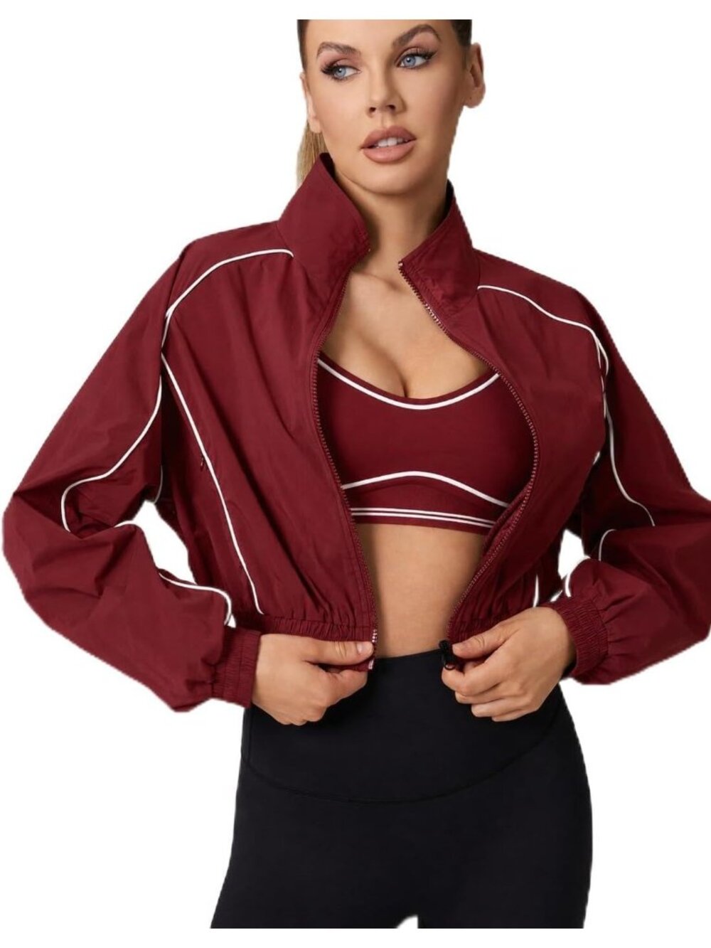 〽️Women's Brick Red Cropped Windbreaker Jacket Lightweight Zip Up Athletic